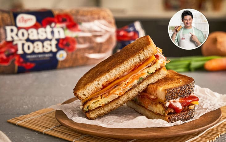 Koreansk street sandwich med kålomelett, rökt skinka och majonnäs - Recept - Filip Poon | Pågen